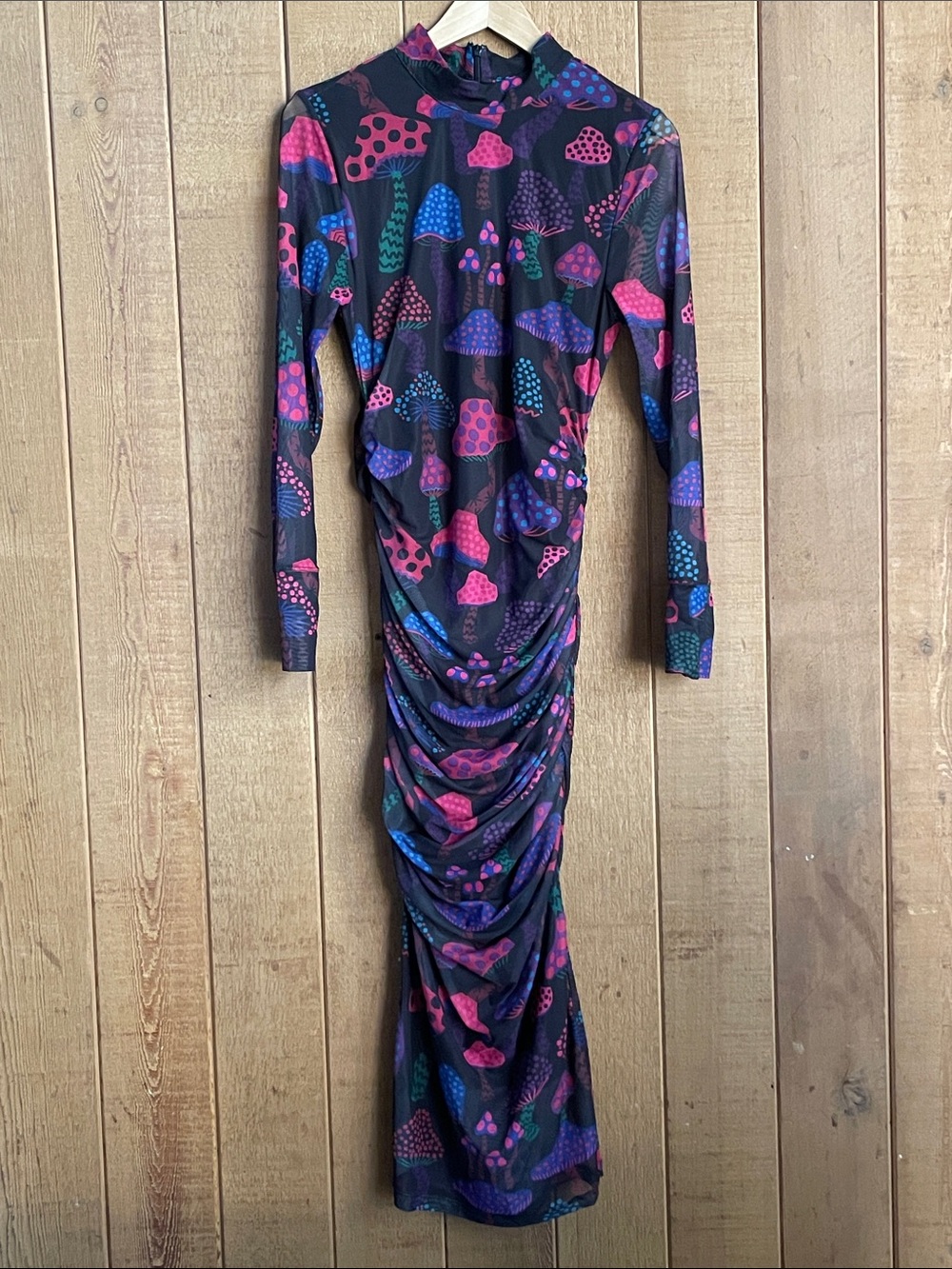 Long Sleeve Ruched Bodycon Dress in Black with Pink & Purple Print